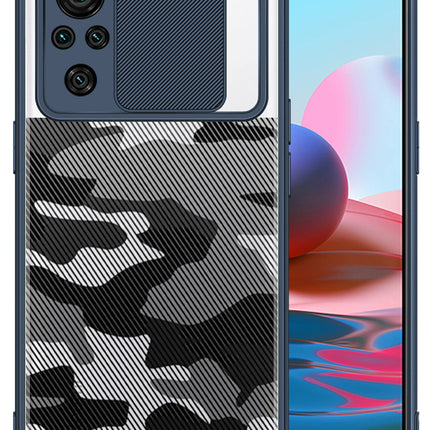 Camo Slider Back Cover for Redmi Note 10 / Note 10S, [Military Grade Protection] Shockproof Slim Clear Camera Shield Bumper Back Case (Blue)
