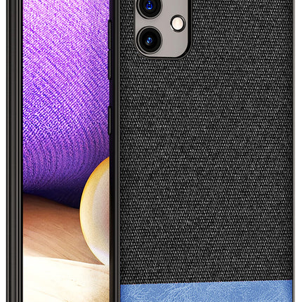 Soft Fabric & Leather Hybrid Protective Case Cover for Samsung Galaxy A32 (Black,Blue)