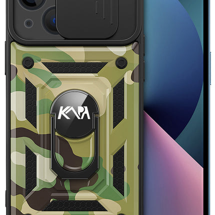 Tank Back Cover for Apple iPhone 13 (6.1) , Inbuilt Ring & Slider [Military Grade Protection] Shockproof Lens Protection Case (Green)