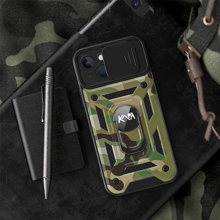 Tank Back Cover for Apple iPhone 13 (6.1) , Inbuilt Ring & Slider [Military Grade Protection] Shockproof Lens Protection Case (Green)